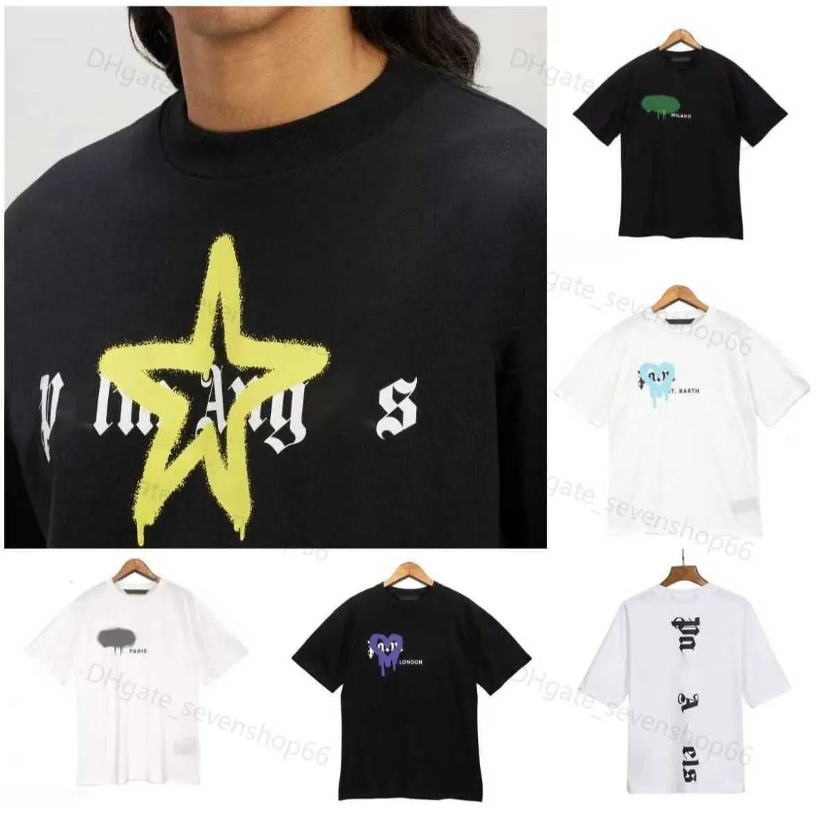 22s T-shirts pour hommes T-shirt Palms Angels City Designer Limited Jet d'encre Graffiti Lettre Impression Voilier pour hommes T-shirts occasionnels à manches courtes 11