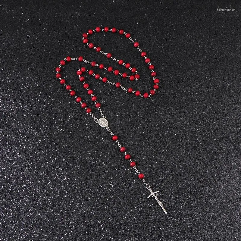 Colares Pingente Komi Design 6mm Bead Red Madeira Handmade Cross Rosário Colar Religioso Jesus Catolicismo Jóias R-199