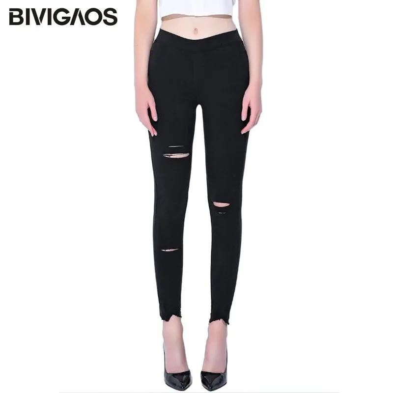 Jeans Bivigaos Primavera Autunno Donna Jeans strappati lavati con sabbia Legging Pantaloni neri Tasca jeans Fori per il ginocchio Jeggings Pantaloni skinny slim a matita