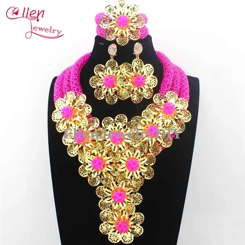 Chokers Big Luxury African beads jewelry sets india nigerian wedding beads flower beaded bridal necklace dubai jewelry sets E1083 231215