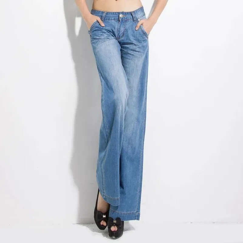 Jeans Free Shipping Women Summer Thin Fabric Wide Leg Jeans Girl's Loose Denim Flare Pants Boot Cut Long Trousers