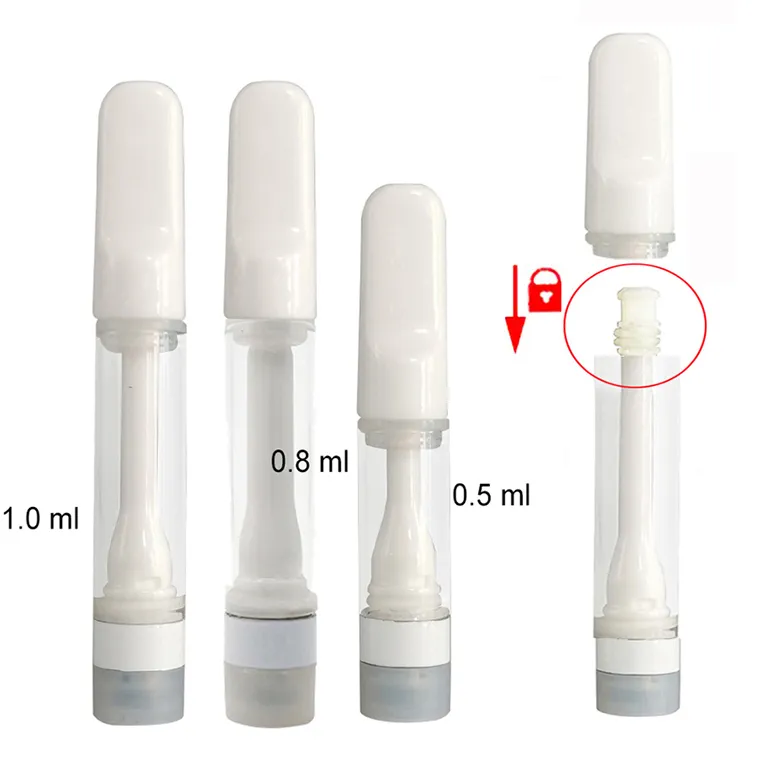 Chariots entièrement en céramique 0,5 ml 1 ml d'huile épaisse Atomiseurs Cartouches de vape E-cigarette Réservoir en verre vide Vaporisateur à bobine en céramique 2 trous 510 filetage Press in Tips Chariots sans plomb