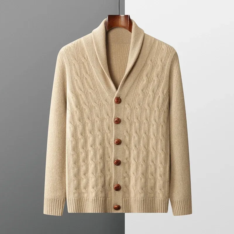 Chandails pour hommes catégorie A 100% pull en cachemire de chèvre col montant Cardigan décontracté tricoté haut torsadé veste d'automne et d'hiver Espeso 231216