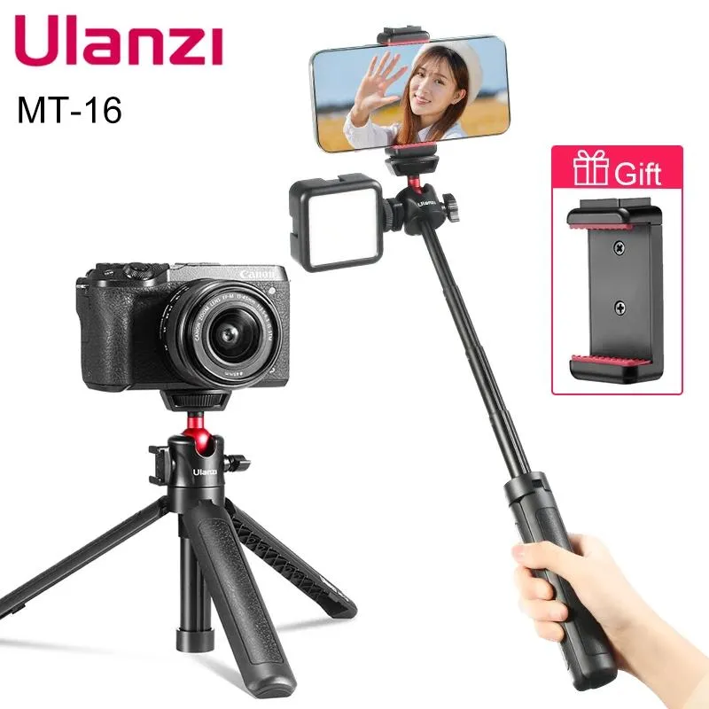 Innehavare Ulanzi MT16 Vlog stativ för telefon GoPro DSLR Selfie Stick utdragbar med 360 ° Ballhead Cold Shoe For Mic LED Light MT08 Upgrad