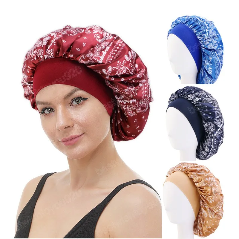 Women Paisely Satin Bonnet Night Sleep Hat Hair Care Wide Band Silkly Headcover Chemo Cap Shower Caps For Bath Bathing Bonnet