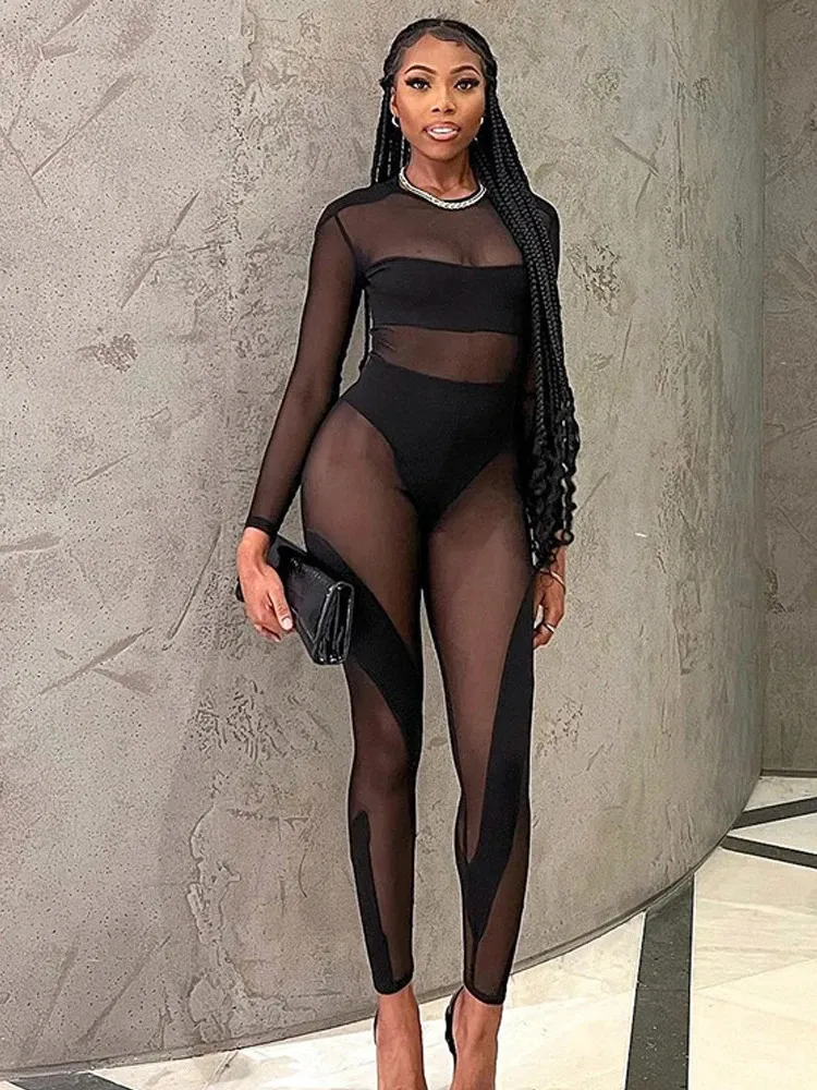 Women's Jumpsuits Rompers Sexy Mesh Patchwork See Through Slim Jumpsuits Women Long Sleeve Skinny Rompers Spring Fall Fairy Grunge Clothes 231215