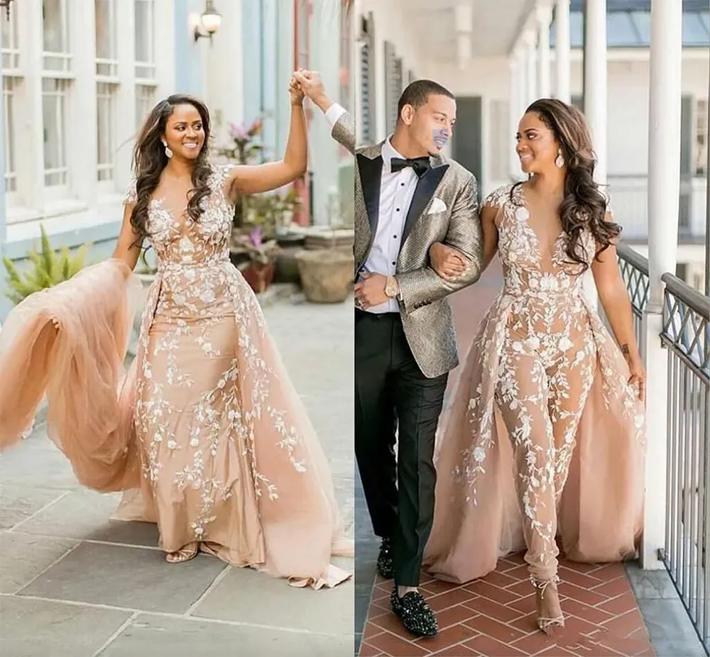 Modesto champanhe macacão vestidos de casamento colher pescoço overskirt renda branca apliques feitos sob encomenda 2023 vestidos de noiva de casamento