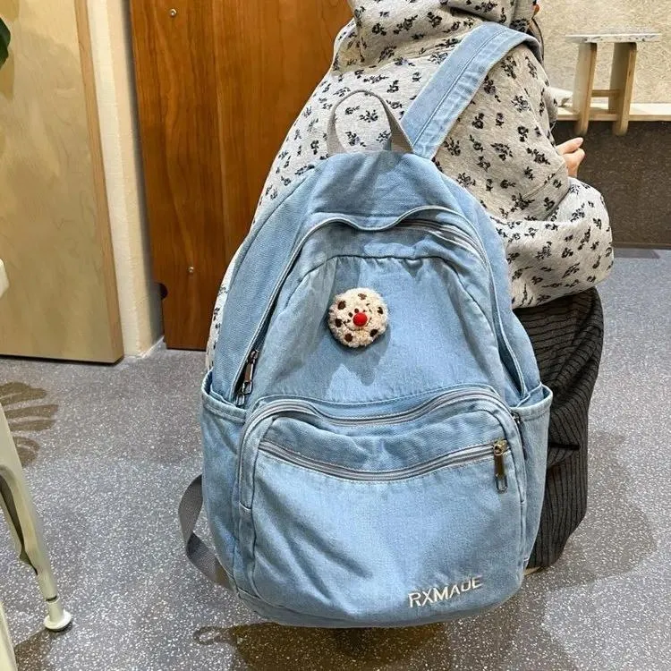 Okul Çantaları Kadınlar Sırt Çantası 2024 Boş Zaman Tasarımı Denim Kore Versiyon Omuz Genç Kız Üniversite Öğrencisi Erkekler Rucksack