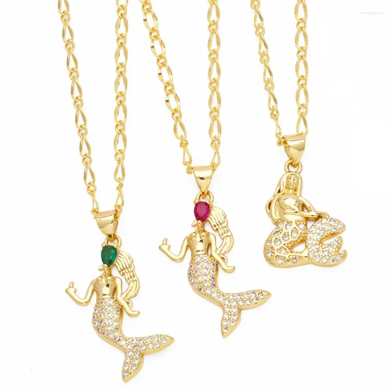 ペンダントネックレスFlola Tiny Full CZ Crystal Mermaid for Women Copper Gold Plated Princess Dainty Jewelry Gifts nkew65