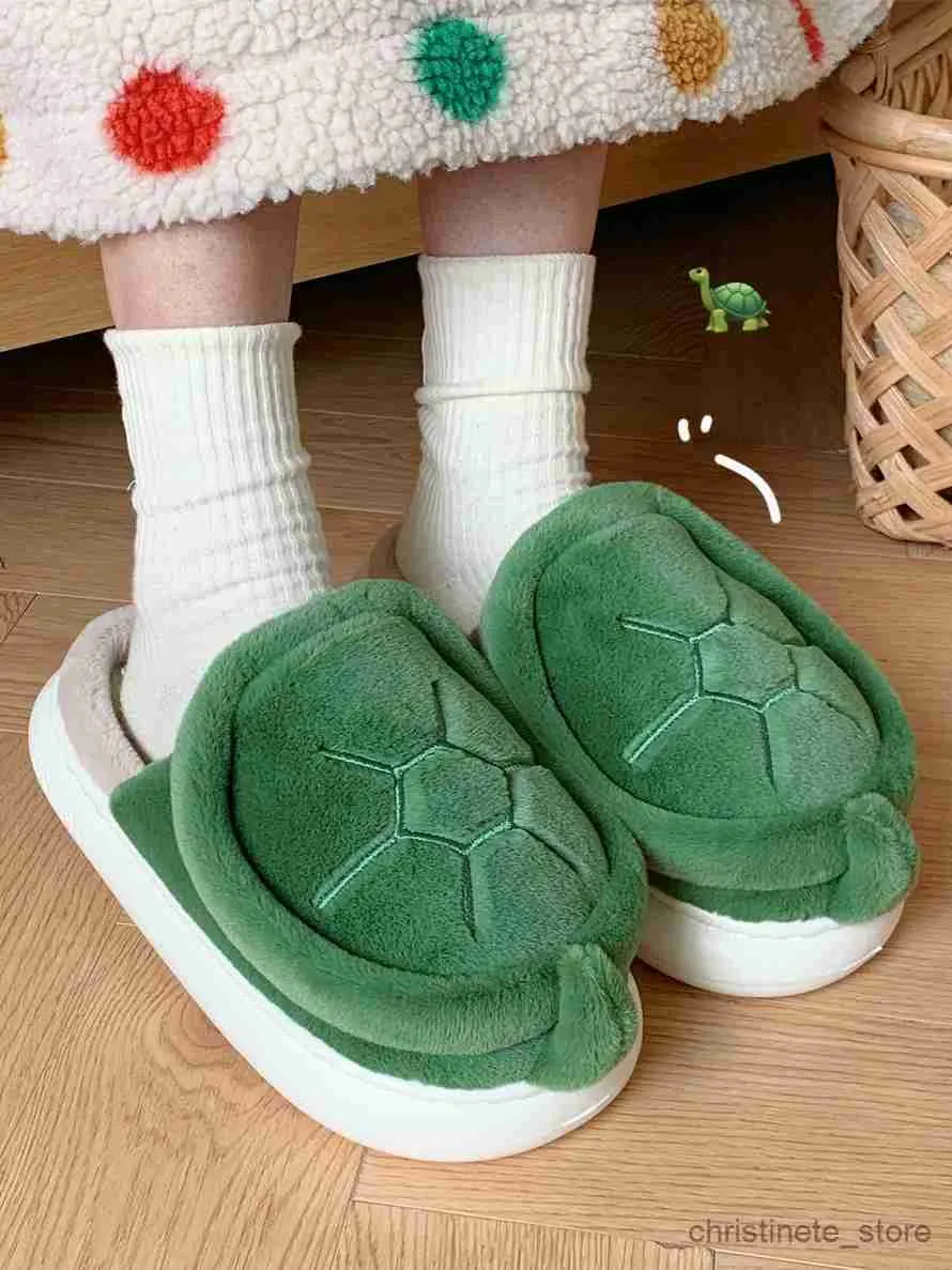 Chinelo bonito tartaruga quente pelúcia casa chinelos homem mulheres sapatos para pais crianças inverno confortável meninos meninas' bebê chinelo crianças r231216