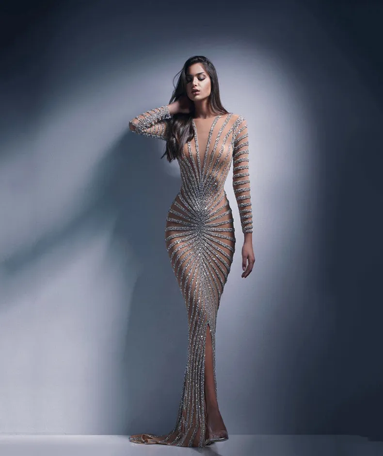 2023 Spring New European and American Fashion Hot Drill Women's Mesh Perspective Långärmlig slits Long Dress Dress