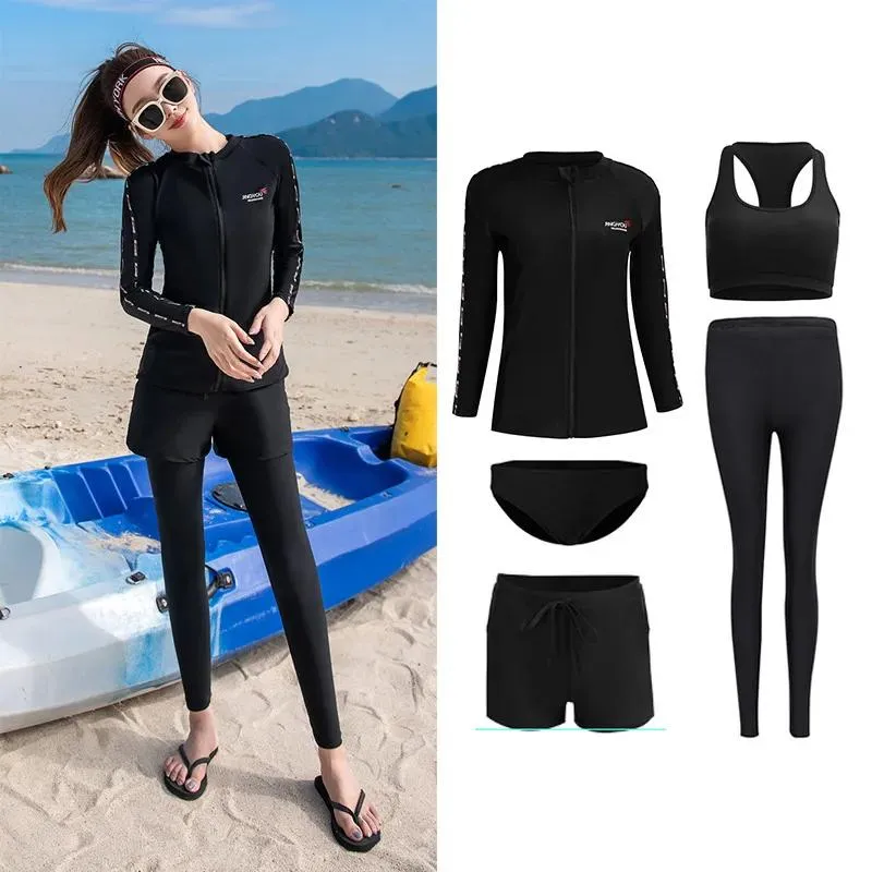 Bär kvinnors 5st/set UV Sun Protection Long Sleeve Rash Guard Shirt + Leggings Basic Wetsuit Swimsuit Tankini Bikini Bathing Suit