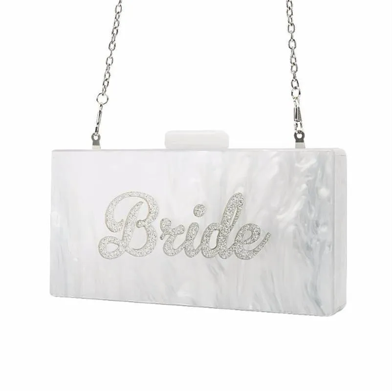 Borse da sera perla bianca con glitter in argento nome sposa briciole acriliche frizioni da donna borse da donna con clap fatte fatte a mano spiaggia clutchev293l