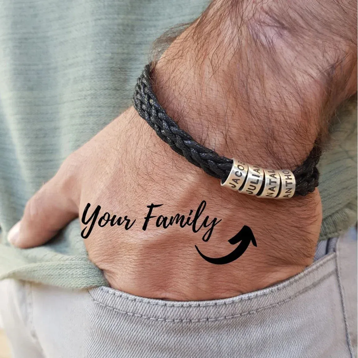 Braccialetti con ciondoli Bracciale con nome personalizzato da uomo Personalizzato per uomo Pelle a strati con perline Regalo Festa del papà Ragazzo amico 231215