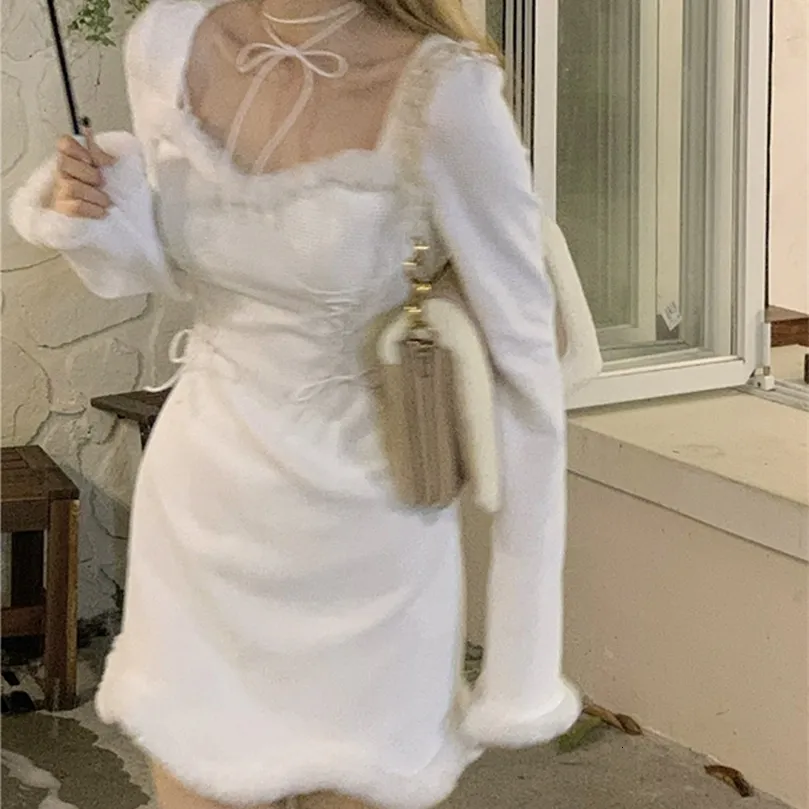 Urban Sexy sukienki Biała sukienka Y2K mini imprezę kobiety swobodna futrzana dzianina sukienka lolita żeńska kawaii odzież vintage sukienka koreańska wiosna 231215