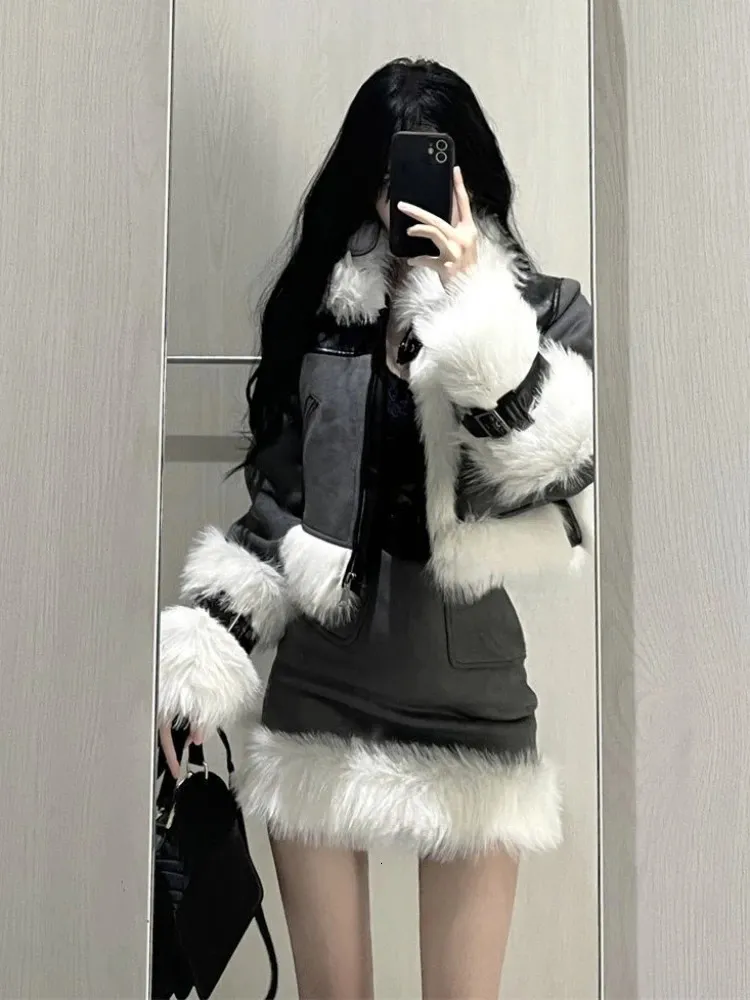 Zweiteiliges Kleid Winter Outwear Elegant 2 Rock Set Frau Koreanischer Stil Anzug Warme Mode Pelzmantel Jacke Casual Slim Y2k Mini 231216