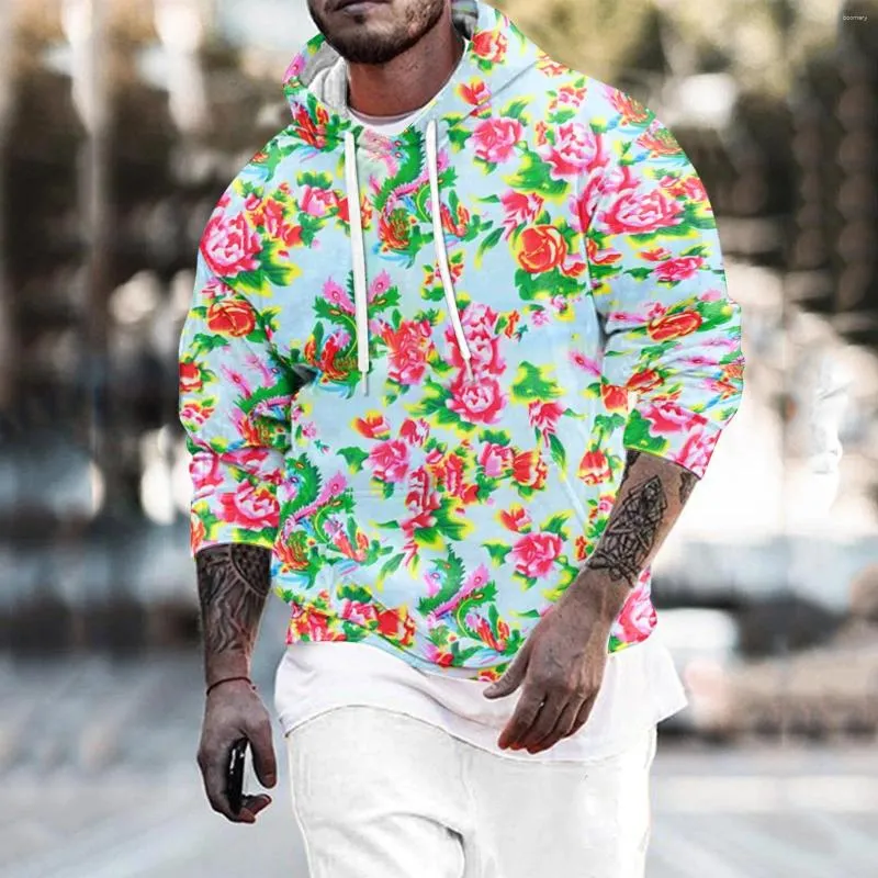 Men's Hoodies Tan Sweatshirt Men Male Spring And Autumn Large Flower All Print Long Sleeve Round Neck Hooded Floral Fashion Trend Memory