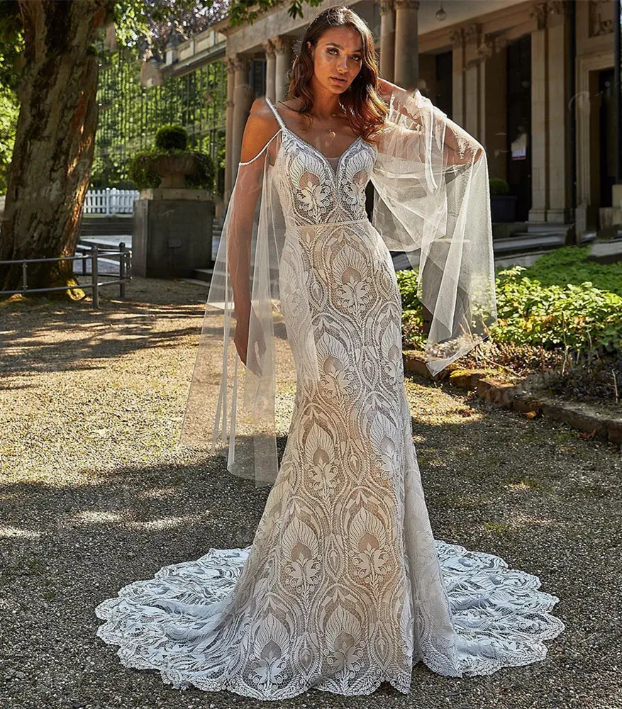 sachin and babi light blue dress Robe Boho Champagne Lace Bohemian Backless Wedding Dress Beach V Neck 2025  Appliques Spaghetti Straps Bridal Gown Customized main image 0