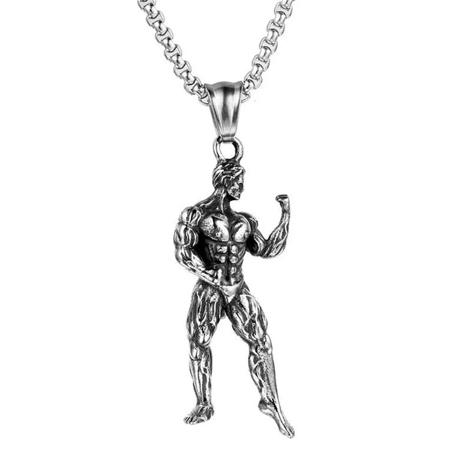 Stark man hantel hänge halsband rostfritt stål kedja muskel män sport gåva passess hip hop gym smycken för manliga halsband304l