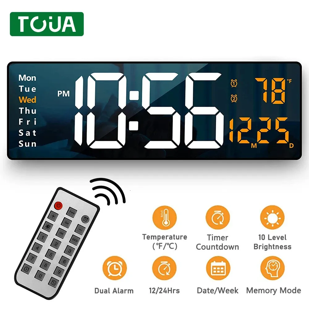 Настольные настольные часы 16-дюймовый большой дисплей, светодиодные цифровые настенные часы, настольный будильник с дистанционным управлением, температура, дата, недельный таймер, автоматические часы с диммером 231215