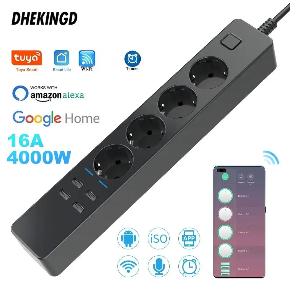 Plugs WiFi Smart Power Strip 4EU 4USB Outlets Plug 5V3.1A laddningsport Timing Bluetooth -kontroll med Alexa Google Home Assistant