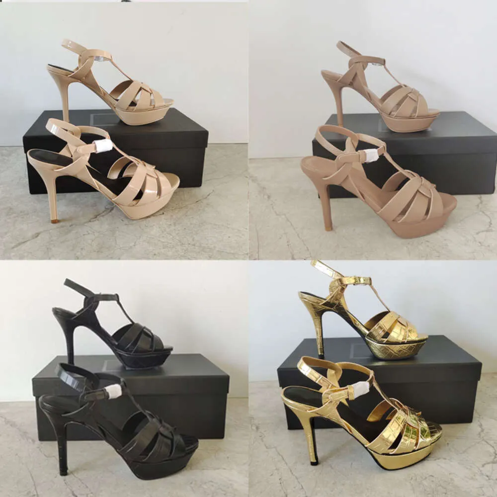 Designer sandals tribute platform sandals leather high heel shoes summer beach covered adjustable ankle strap wedding party shoes NO23