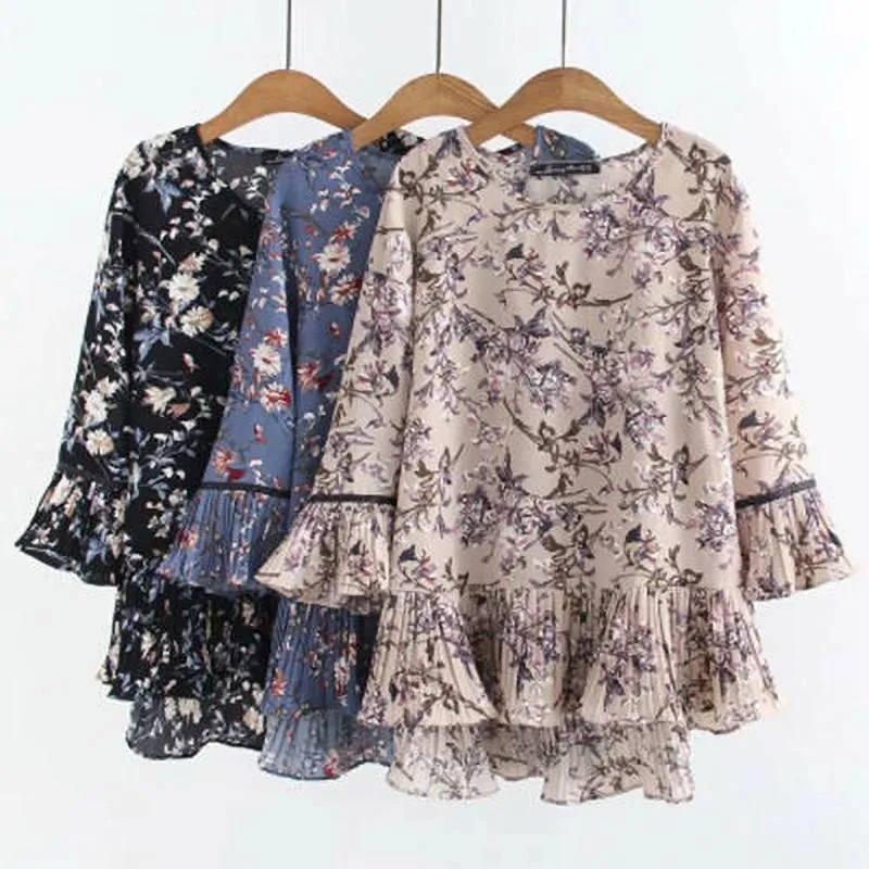Tops chiffon elegante das mulheres blusas de verão para mulheres plus size plissado túnica blusa floral roupas femininas soltas casuais v2183