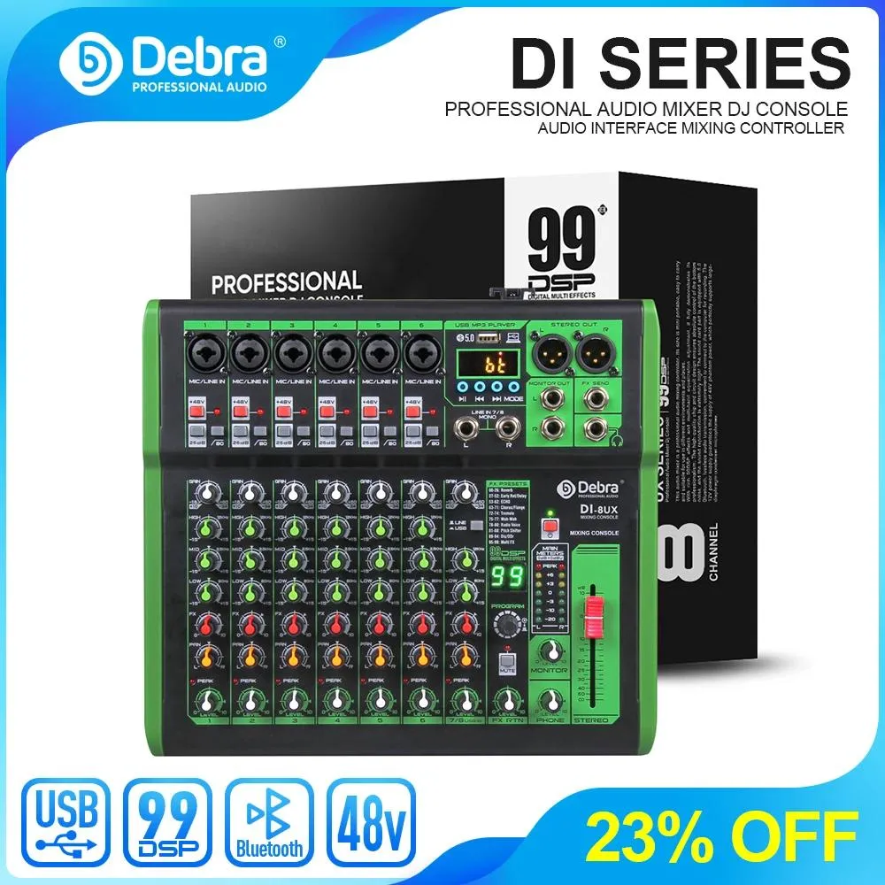 Mixer Debra Pro Mixer audio a 8 canali con 99 effetti digitali Dsp Ingresso USB Mp3 per console di missaggio DJ Controller Registrazione karaoke