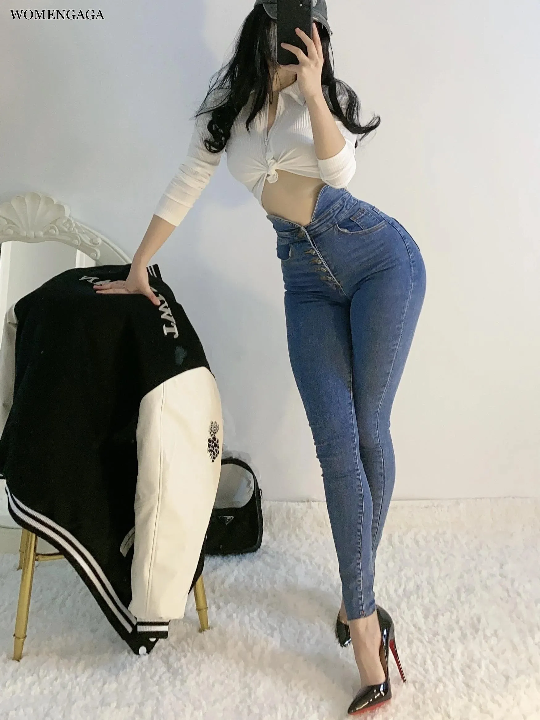 Jeans Womengaga Sweet Cool Spice Girl Grey High midja Thin Jeans Women's Tight Elastic Slim Hip Women Peach Pants Hot Korean E7