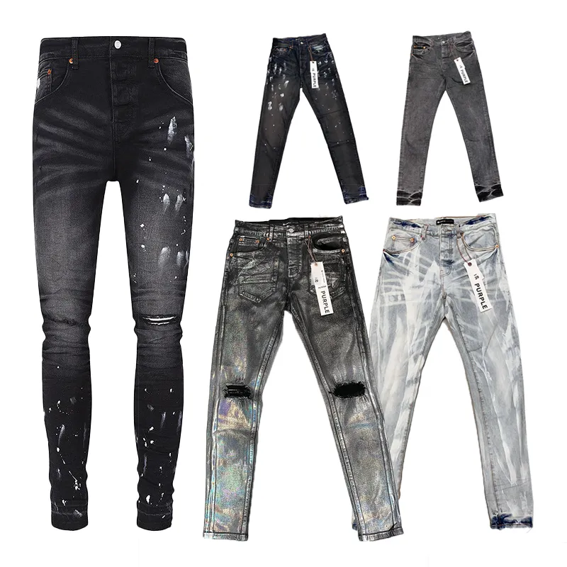 Print Designer kledingstijl Designer jeans paarse jeans grijze slanke pit broek magere motorfiets mode gescheurde stikselgaten het hele jaar door slanke jeans