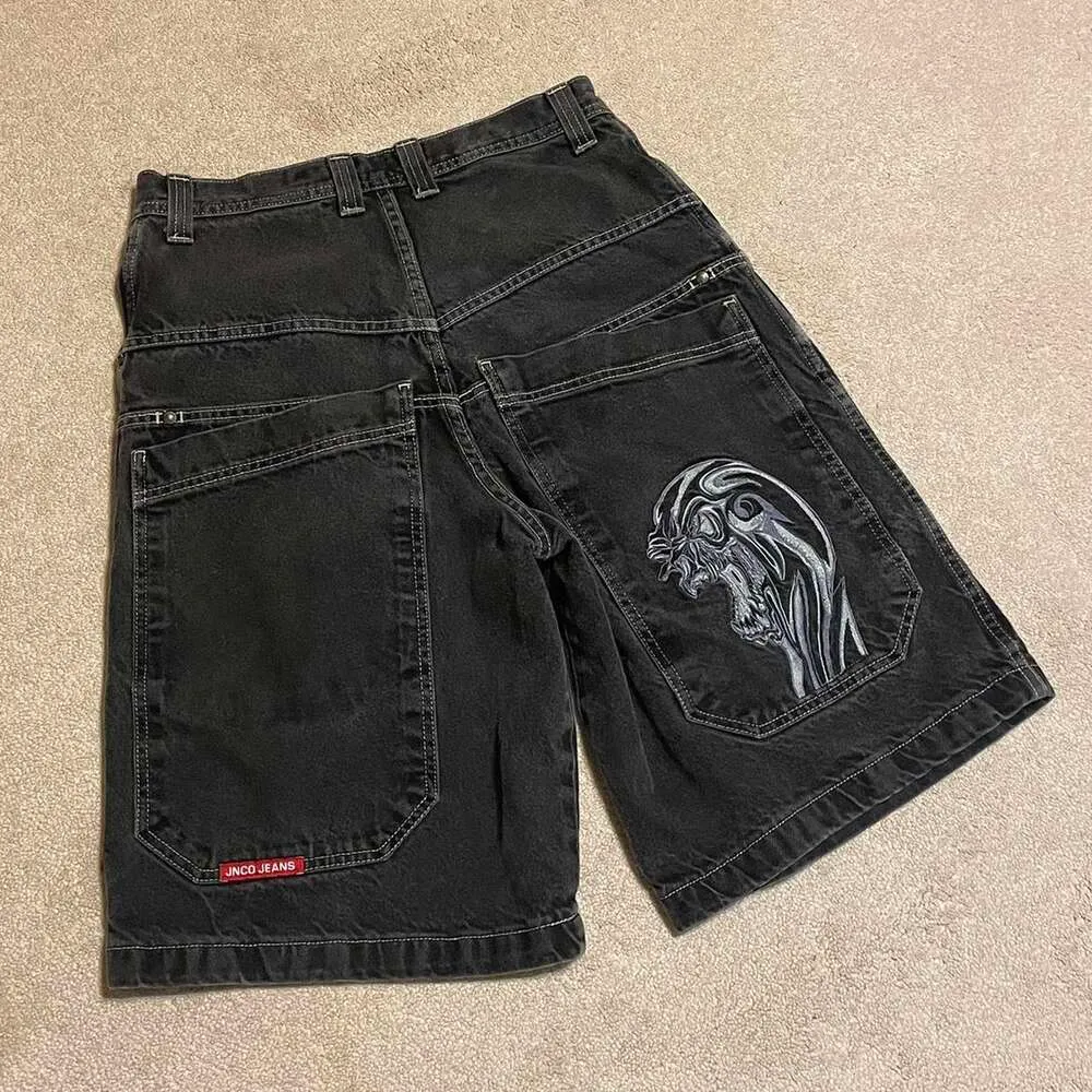 Streetwear jnco byxor herr hip hop retro skelett grafisk baggy denim gym shorts haruku gotiska män basket kort