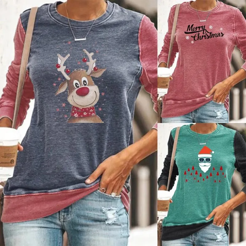 Kvinnors T -skjortor Autumn Outfits For Women 2023 Tops Round Neck Christmas Theme Contrast Color Printing Casual Hylsa