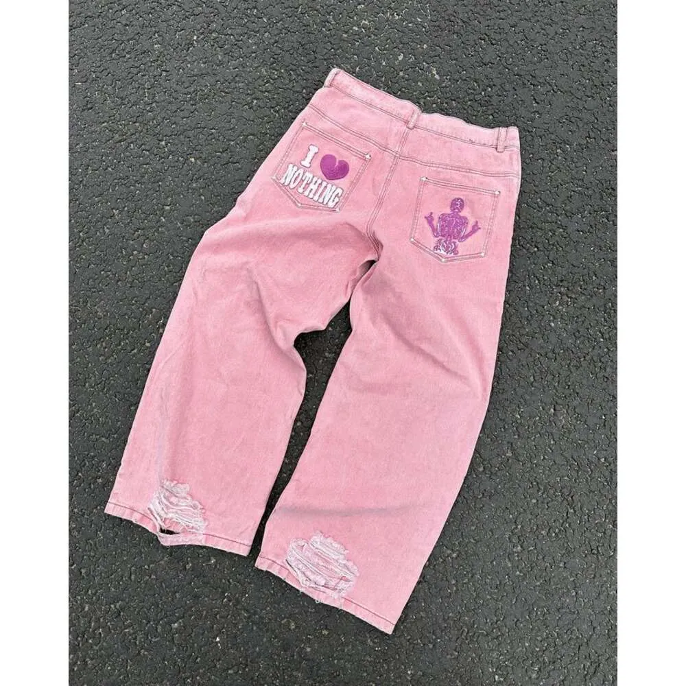 Haruku hiphop skalle broderi rosa rippade baggy jeans kvinnor nya mode casual gotiska breda byxor streetwear