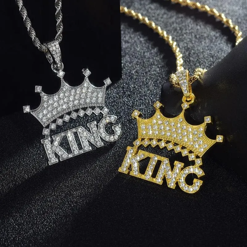 Pendant Necklaces Iced Out Letter Crown KING Necklace With Rope Chain For Men Women Rapper Charm Jewelry