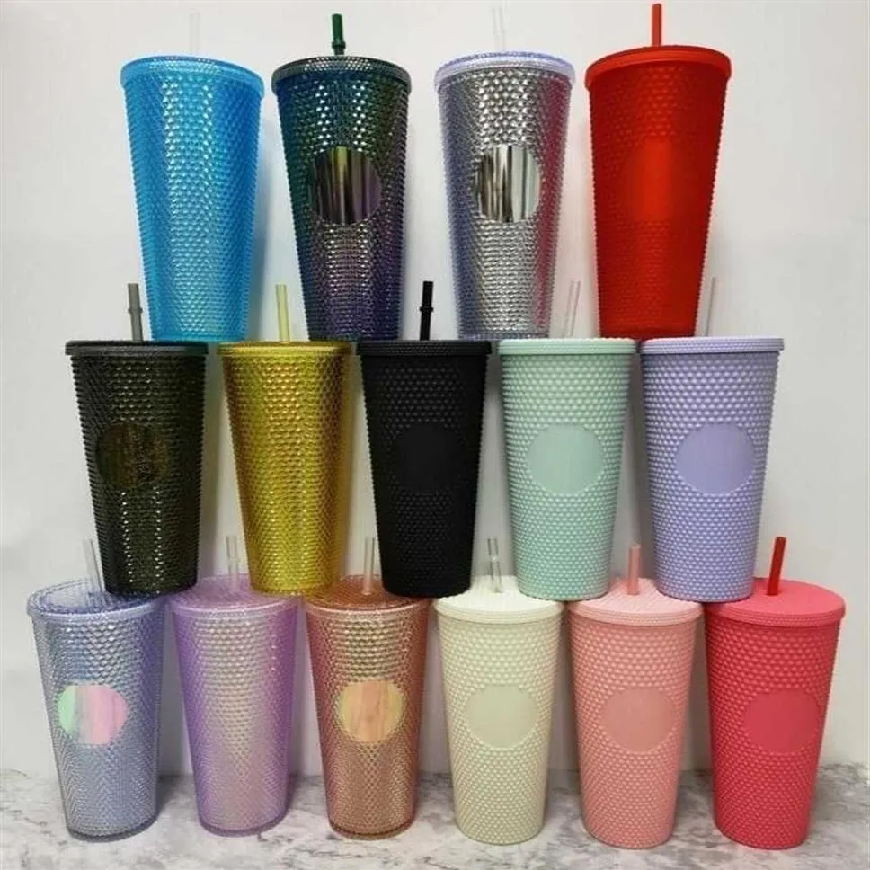 700ml 텀블러 개인화 무지개 24 Bling Rainbow Unicorn Studded Cold Cup Tumbler Coffee Mug와 함께