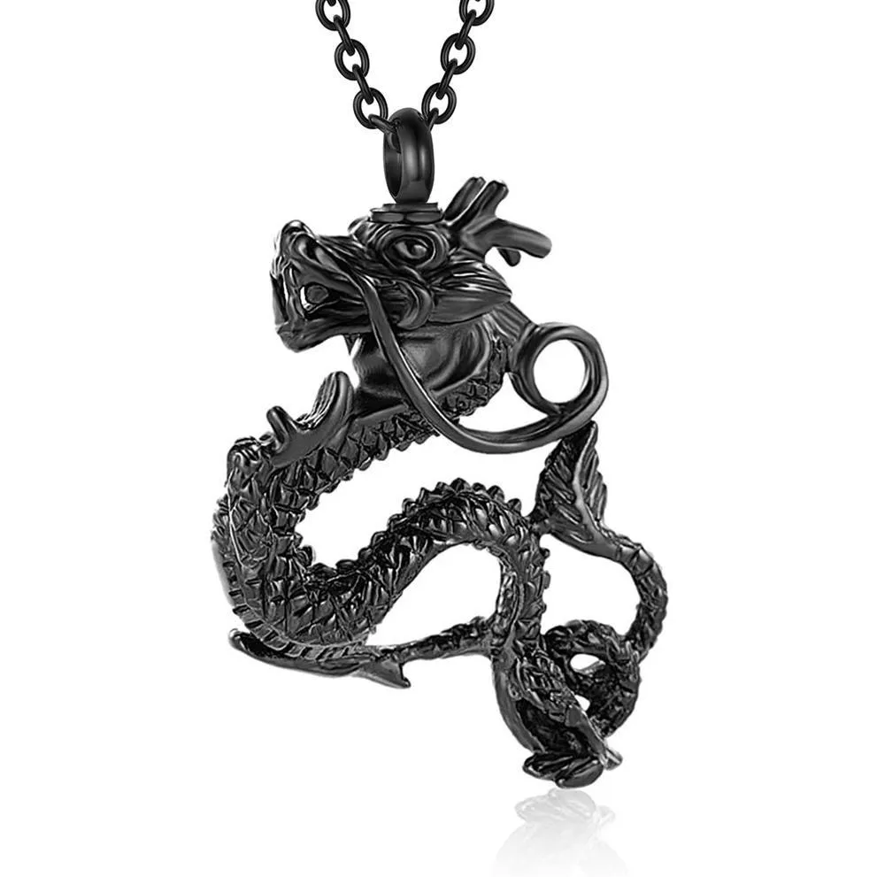 Pendentif Colliers Dragon Bijoux de crémation pour cendres Porte-souvenir en acier inoxydable Memorial Funeral Urn Collier Hommes Femmes242M DRO DHLQS