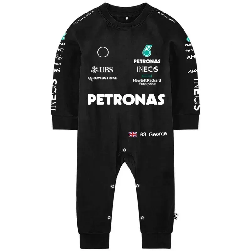 Rompers 2023 Season Sports Baby Romper Racing Lewis 44 George 63 Driver Spring Autumn Black Boy Girl Kids Bodysuit born Creeper 231215