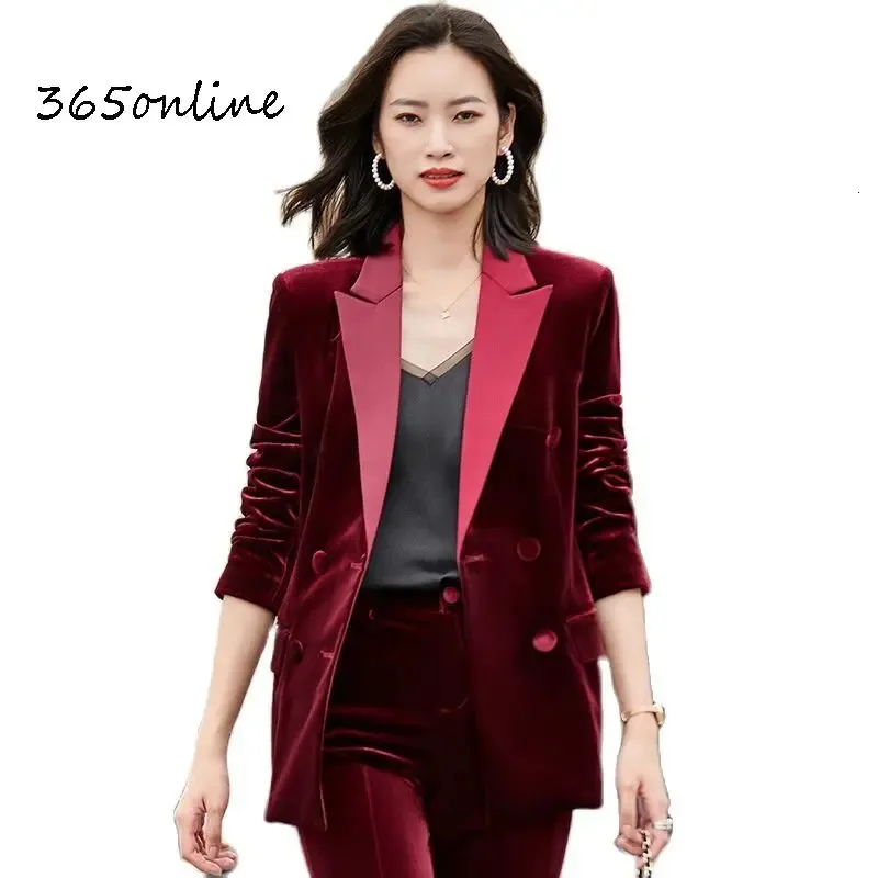 Abiti da donna Blazer Velluto di alta qualità Disegni uniformi formali Tailleur pantalone Elegante Vino per le donne Abbigliamento da lavoro da lavoro Manica lunga Autunno Inverno 231215