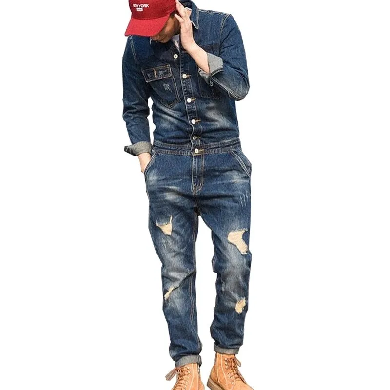 Men s Jeans Fashion Ripped Denim Bib Overalls With Jackets Distressed Jumpsuits For Male Work Suit Stage Costumes 231215