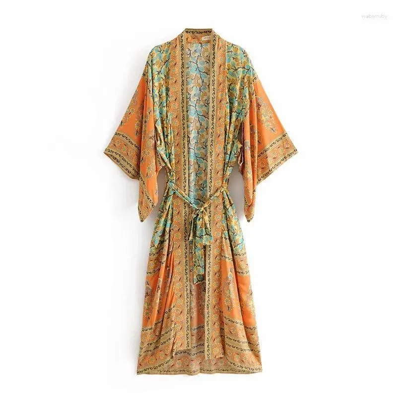 Women's Swimwear Print Floral Cotton Beach Kimono Belt Vintage Bohemian Slim Cover Up Long Sexy Flare Sleeve Covers