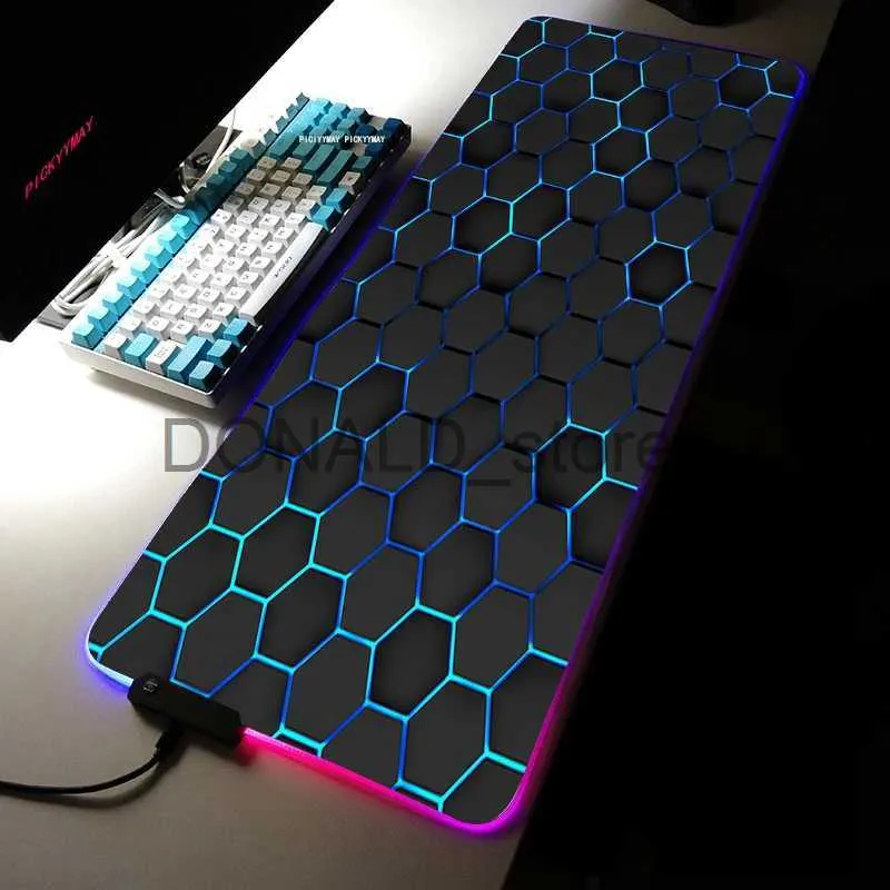 Mouse pads descansos de pulso grandes tapetes de mesa LED XXL RGB computador mousepad novo geométrico 90x40cm backlight teclado tapete de mesa gamer luminoso mousepads j231215