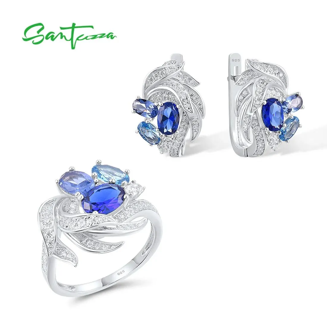 Sets Santuzza Echte Sterling Sier Sieraden Set voor Vrouwen Blauwe Spinel Witte Cz Oorbellen Ring Set Elegante Mode Charme Sieraden