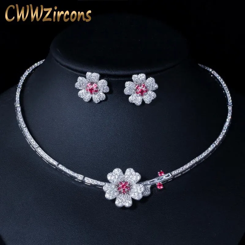 Colar cwwzircon cz cristal vermelho rosa flor feminina colar de gargantilha e brincos Jóias de noiva para acessórios de vestido de noiva T211