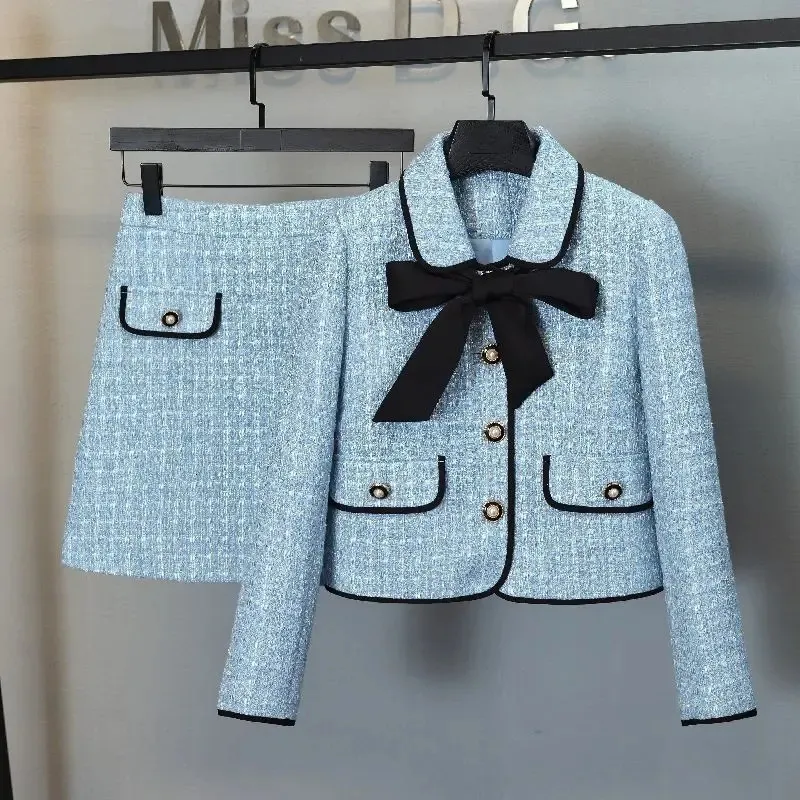Tvådelt klänning Bow Blue Tweed Jacket Short Cardigan Autumn Winter Womens Peice Setar Mini kjolar Plaid Shirts Korean Suits 231216