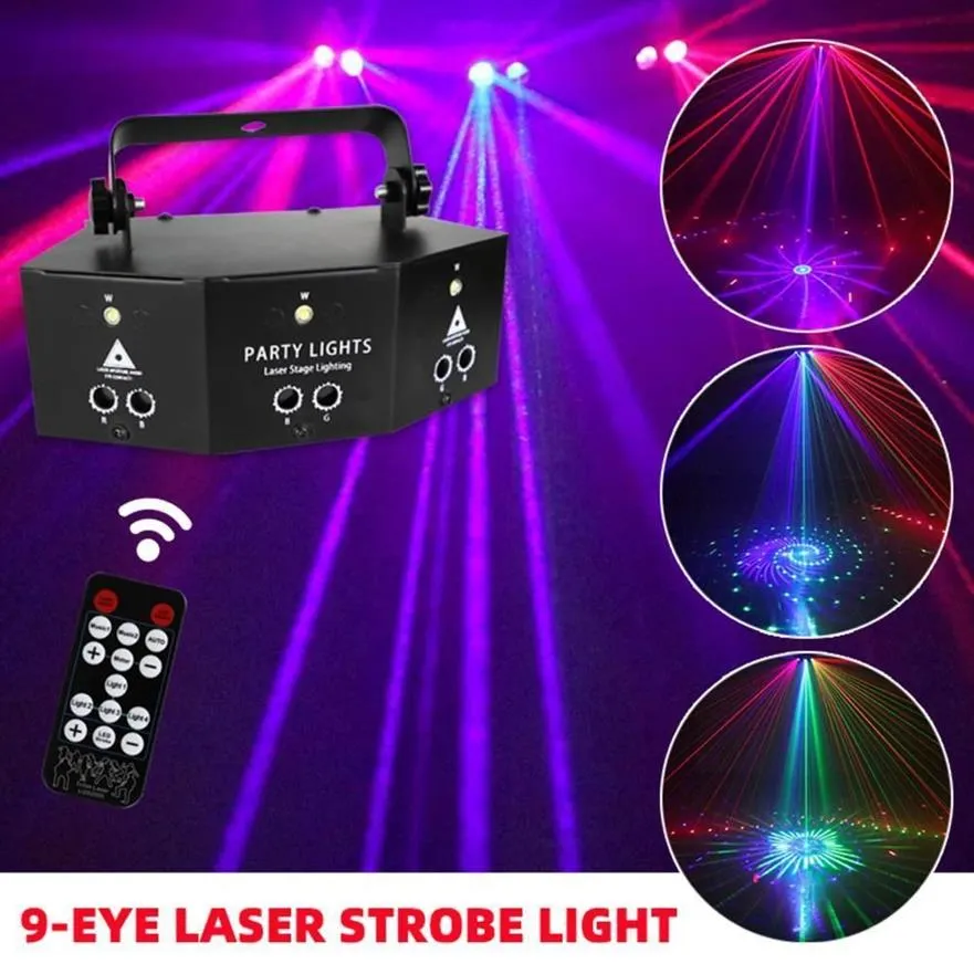 Lâmpada estroboscópica de controle remoto, 9 olhos, rgb, discoteca, dj, luz de palco, dia das bruxas, natal, festa, led, projetor laser, decoração de casa y201006258j