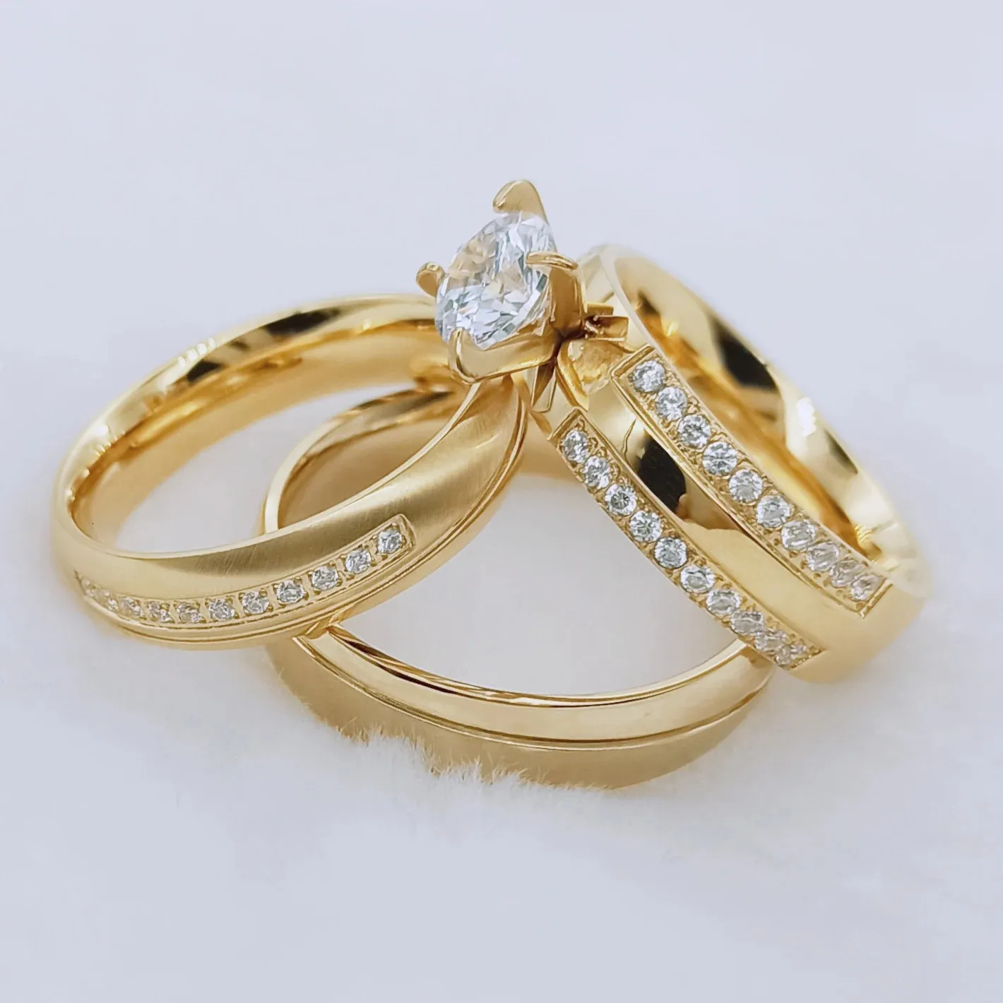 Anéis de casamento 3 peças conjunto de anéis de casamento para mulheres homens aliança de amor Cz diamante noivado joias de casamento Fedi Nuziali banhado a ouro 18k 231215