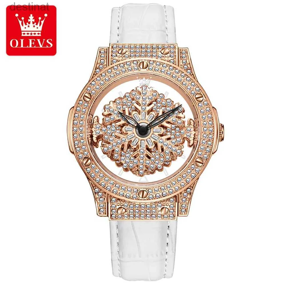 Women's Watches OLEVS Women Watches 360 Rotate Dial Fashion Flash Diamond Snowflake Wrist Watch for Ladies Leather Strap Waterproof Reloj MujerL231216