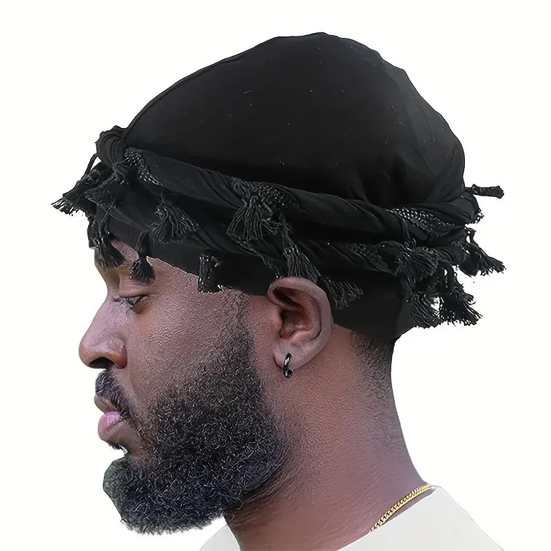 Bonnet Skull Caps 2023 Vintage Twist Head Wraps Durag avec gland pour hommes noir gris Turban écharpe cravate garçons enveloppe de cheveux 231215