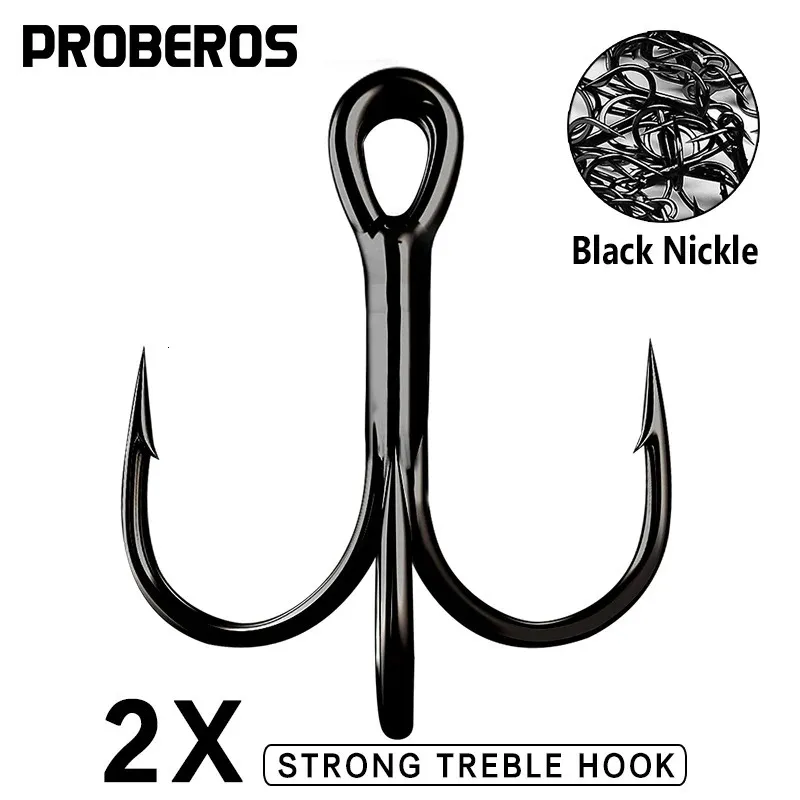 フィッシングフックProberos 50pcs/lot Saltwater Fishing Hooks Black nickle Treble Hooks 1＃-12＃2/0＃-5/0＃炭素鋼フィッシュフック高強度フック231216