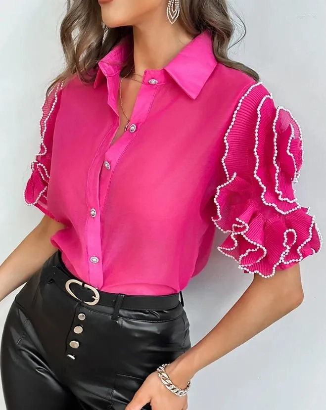 Women's Blouses Rose Detail Ribbed Fringe Half Sleeved Top Selling Fashion Casual Lapel Single Breasted Clear Shirt
